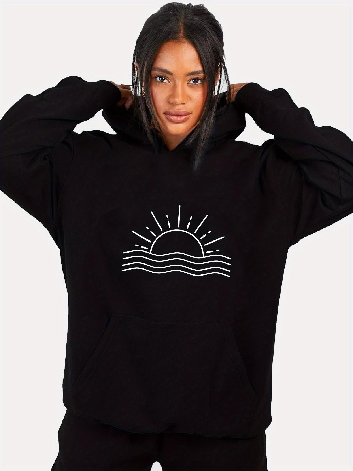 Women's Graphic Hoodie Rising Sun Above Wavy Horizon With Radiant Lines Minimalist Sun