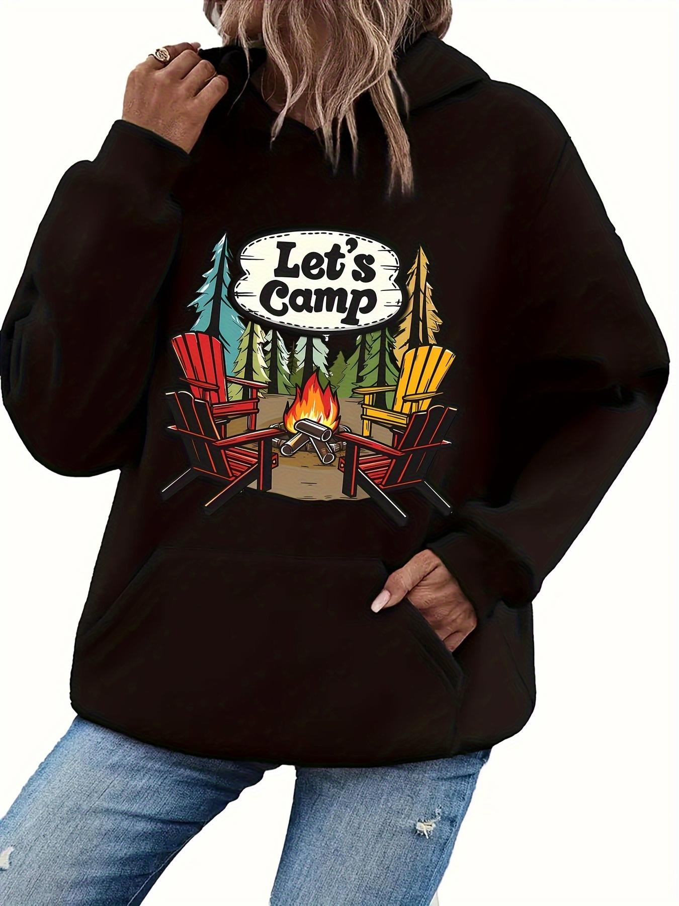 Women's Graphic Hoodie Lets Camp With Adirondack Chairs Fire Under Pine Trees