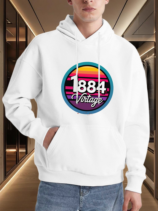 Men's Graphic Hoodie 1884 Vintage Retro Sunset Graphic With Colorful Circular Stripes Hoodie
