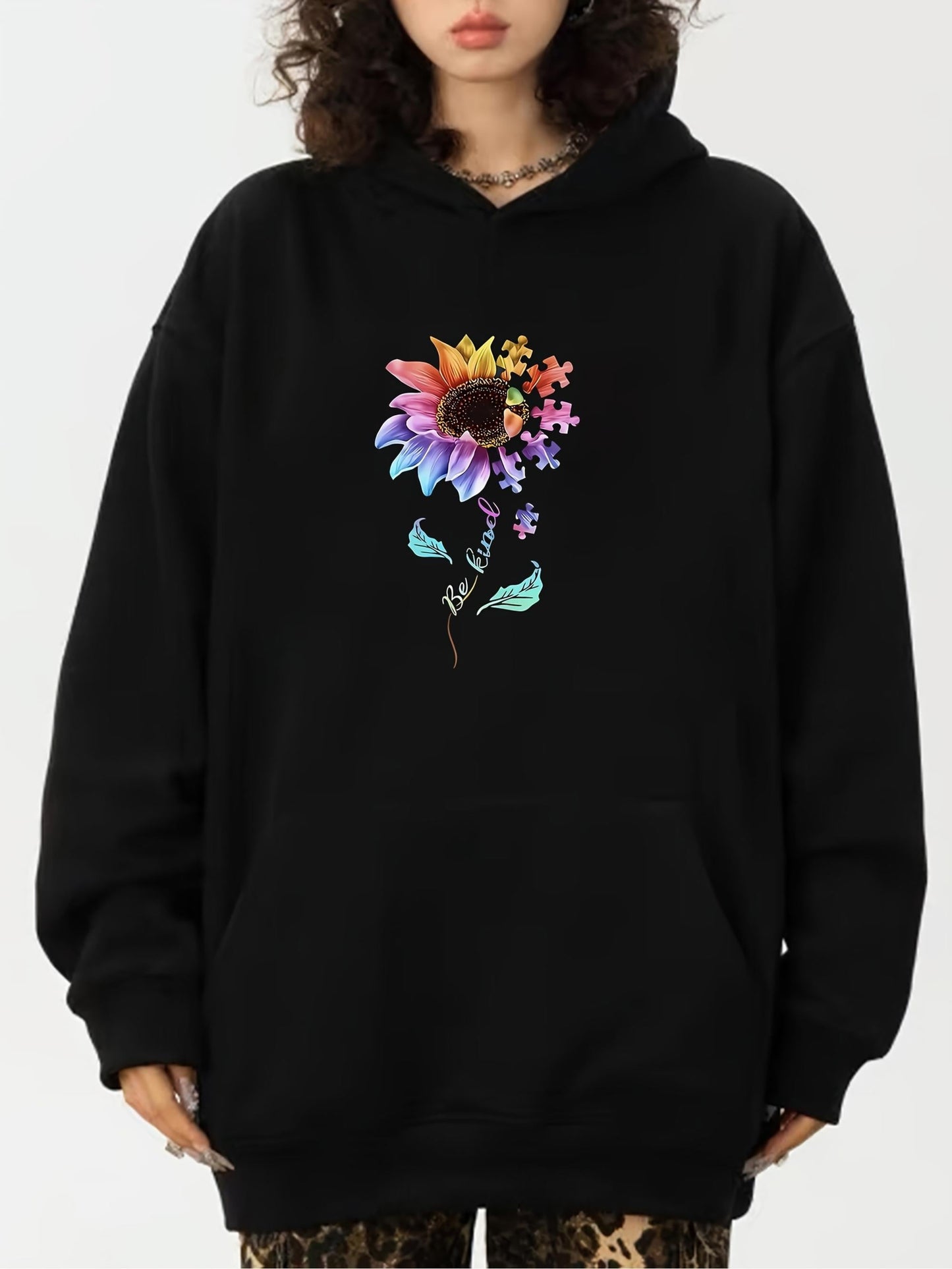 Women's Graphic Hoodie Vivid Rainbow Colored Petals With Blossoming Leaves Surrounding Sunflower