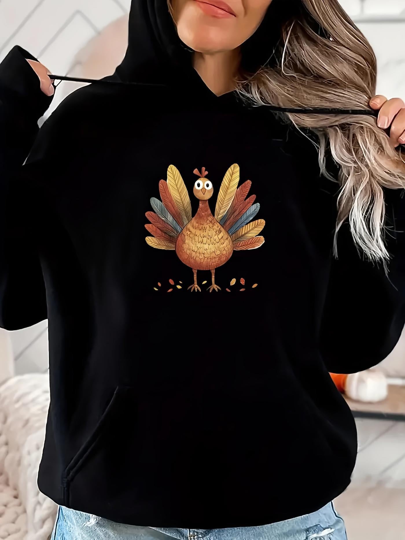 Women's Graphic Hoodie Colorful Autumn Feathers With Playful Expression Cute Turkey