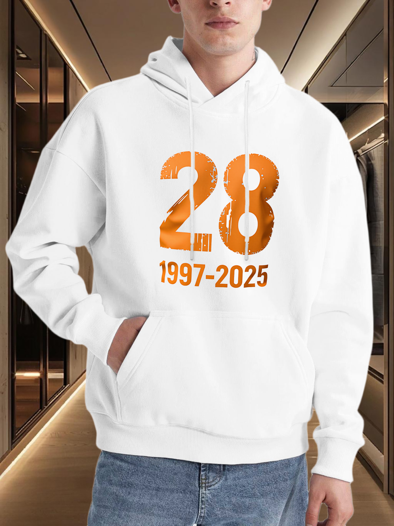 Men's Graphic Hoodie Bold Orange Numbers With Dates On Crisp White Hoodie