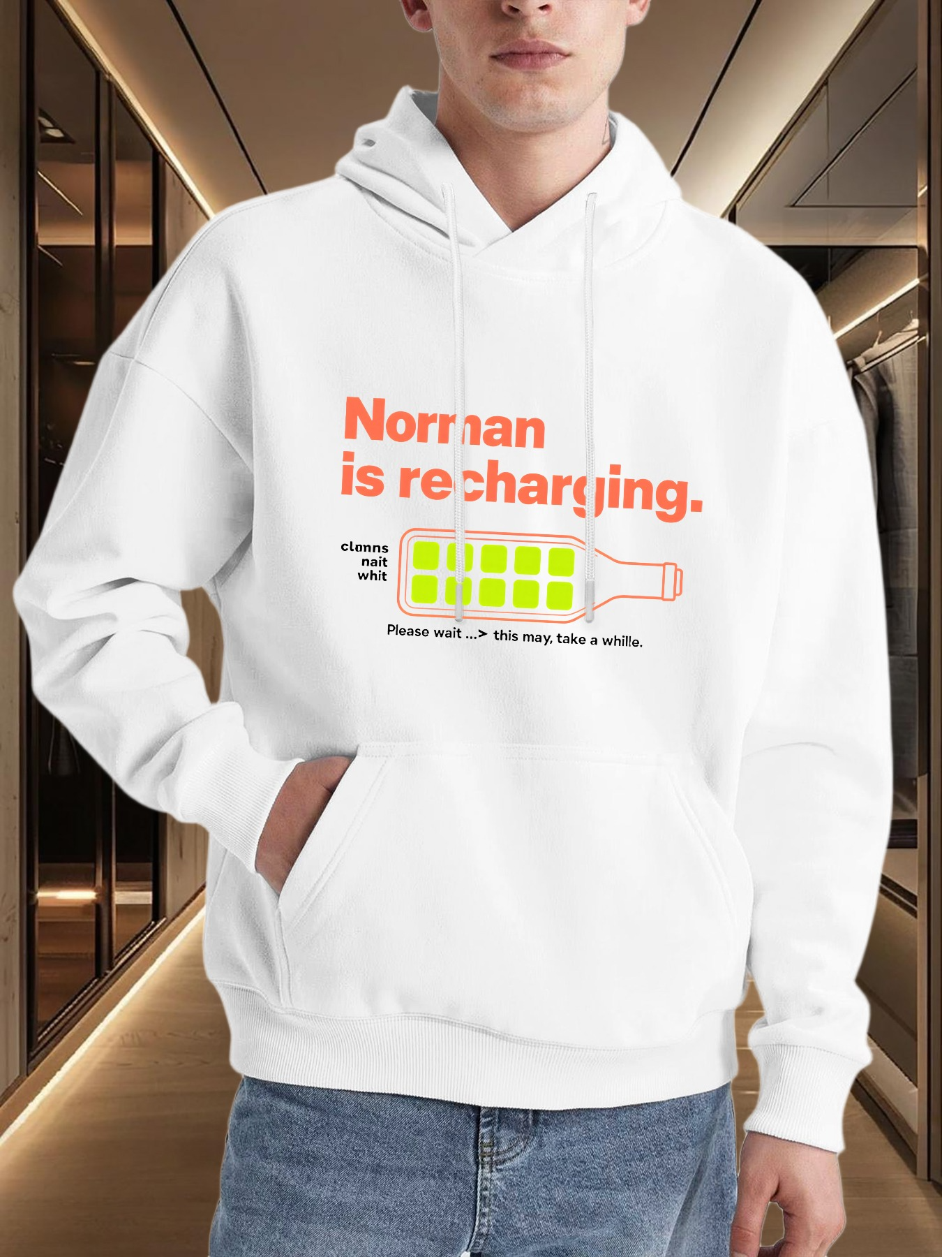 Men's Graphic Hoodie Norman Is Recharging Battery Icon With Charging Bars Hoodie