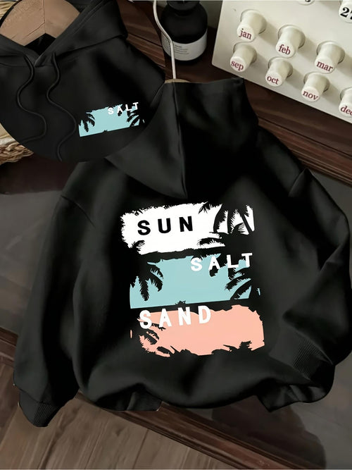 Women's Graphic Hoodie Sun Salt Sand With Palm Tree Silhouettes Over Pastel Colored Blocks Hoodie