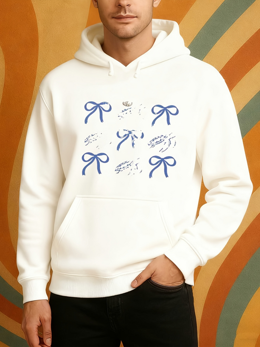 Men's Graphic Hoodie Decorative Blue Ribbons Arranged Neatly On Soft White Hoodie
