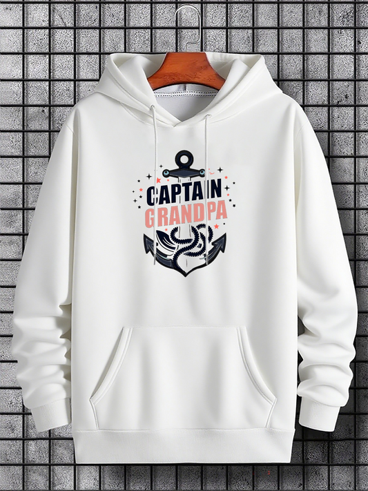 Men's Graphic Hoodie Captain Grandpa Nautical Anchor With Waves Under Festive Confetti Design