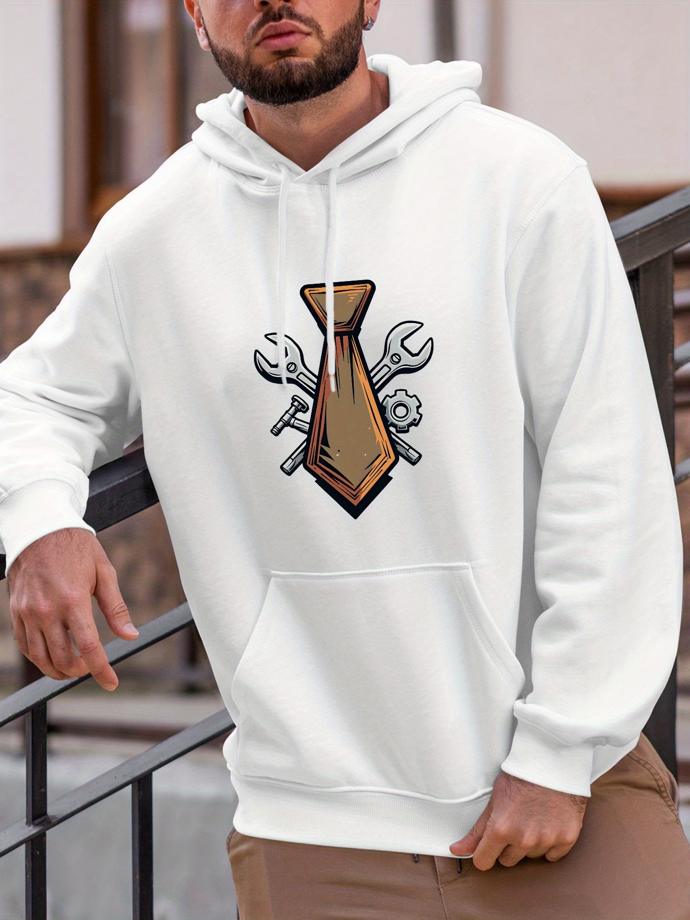 Men's Graphic Hoodie Industrial Wrenches And Tools Under A Wooden Necktie