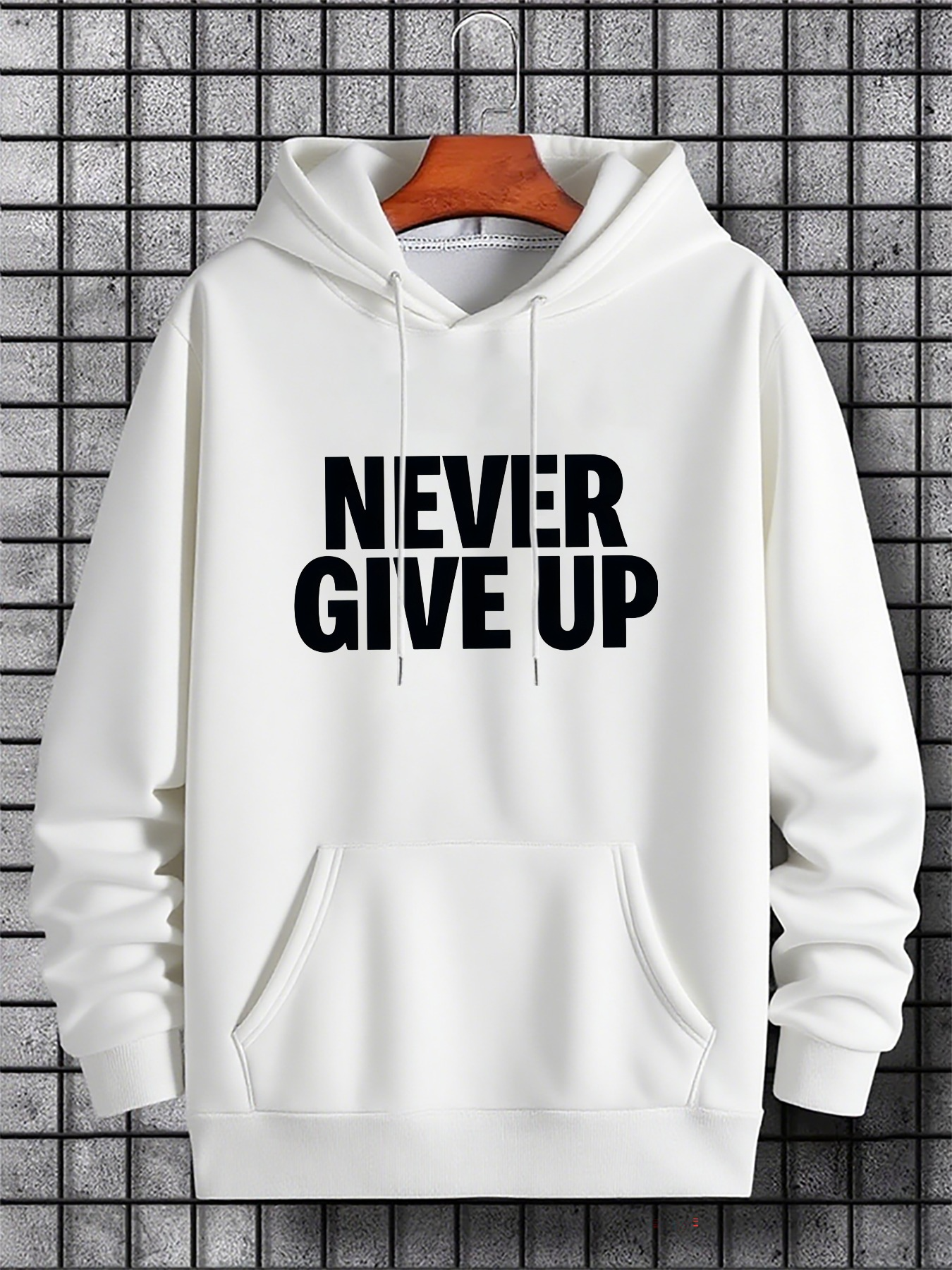 Men's Graphic Hoodie Never Give Up Bold Black Text On Classic White Hoodie