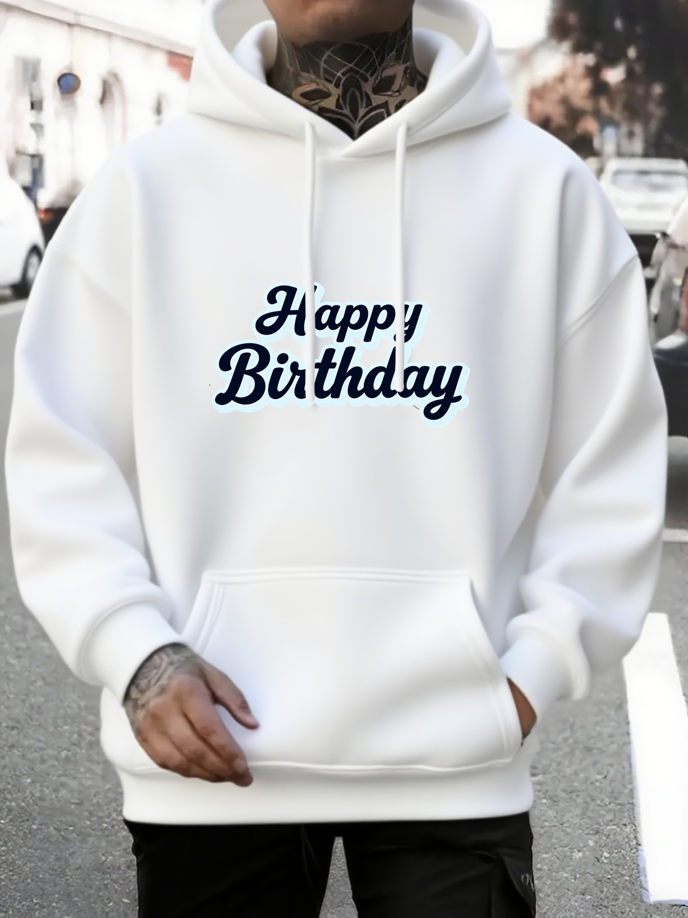 Men's Graphic Hoodie Happy Birthday Simple Street Style Soft White Hoodie