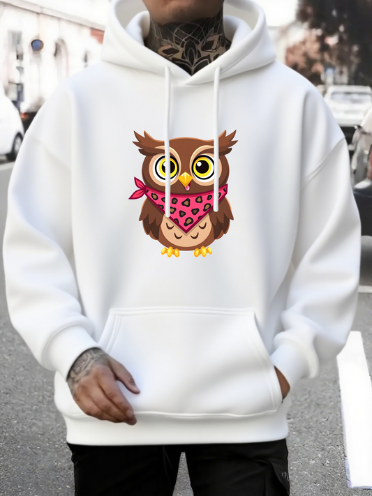 Men's Graphic Hoodie Cute Owl Standing Cheerfully Among Pink Patterned Accessories Owl