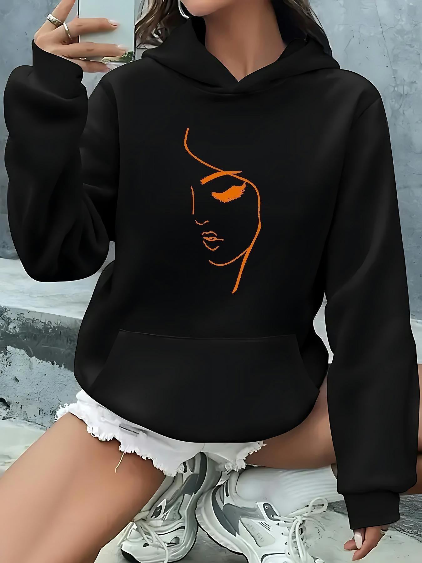 Women's Graphic Hoodie Abstract Orange Line Art Face Minimalism Portrait Hoodie