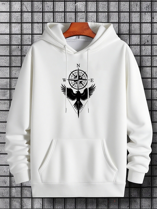 Men's Graphic Hoodie Compass Rose With Spreading Wings And Geometric Silhouette Bird