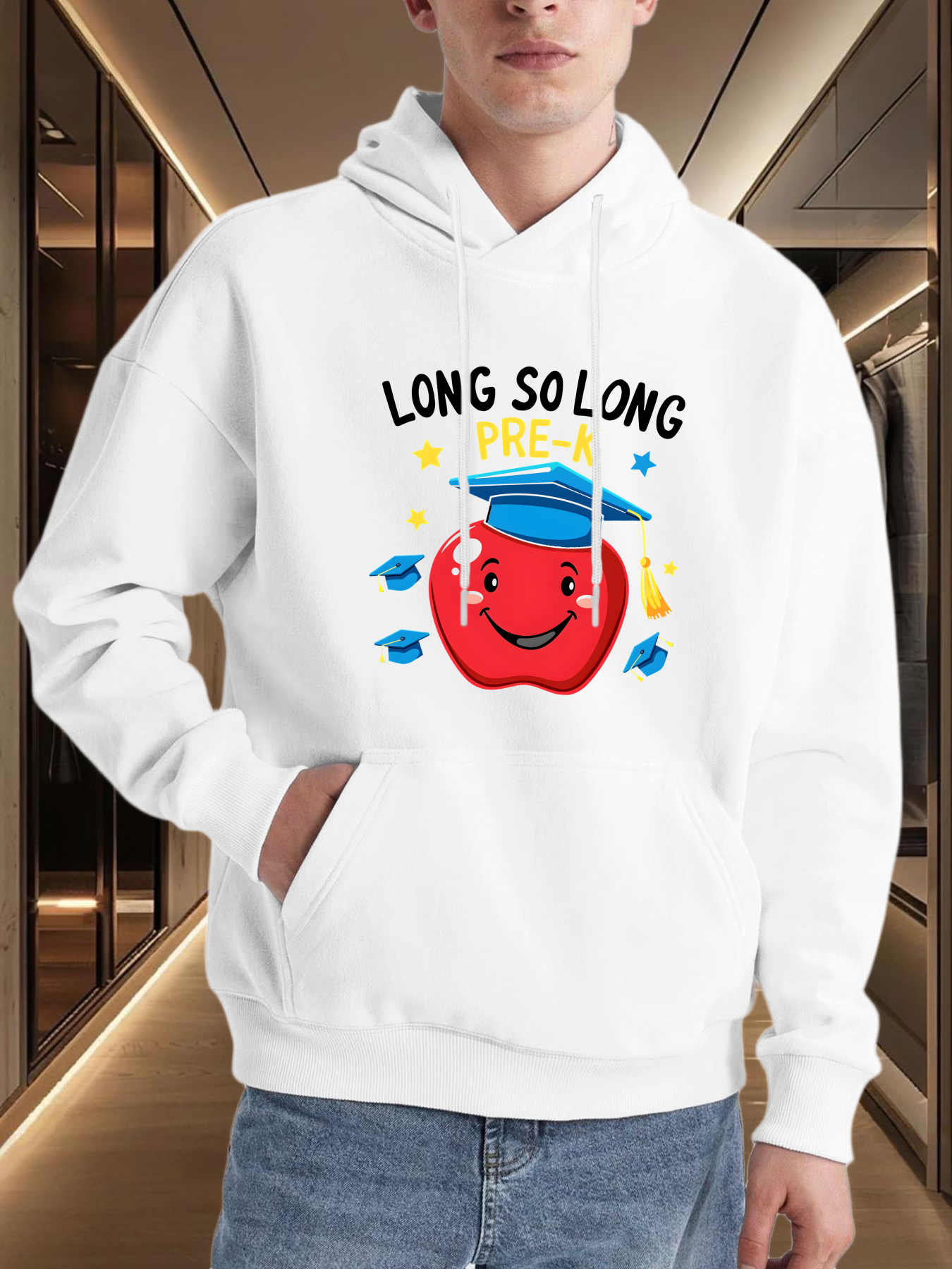 Men's Graphic Hoodie Long So Long With Smiling Red Apple Wearing Blue Graduation Cap