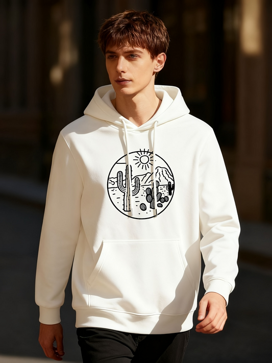 Men's Graphic Hoodie Desert Landscape With Cactus Sun And Rocks In A Circle