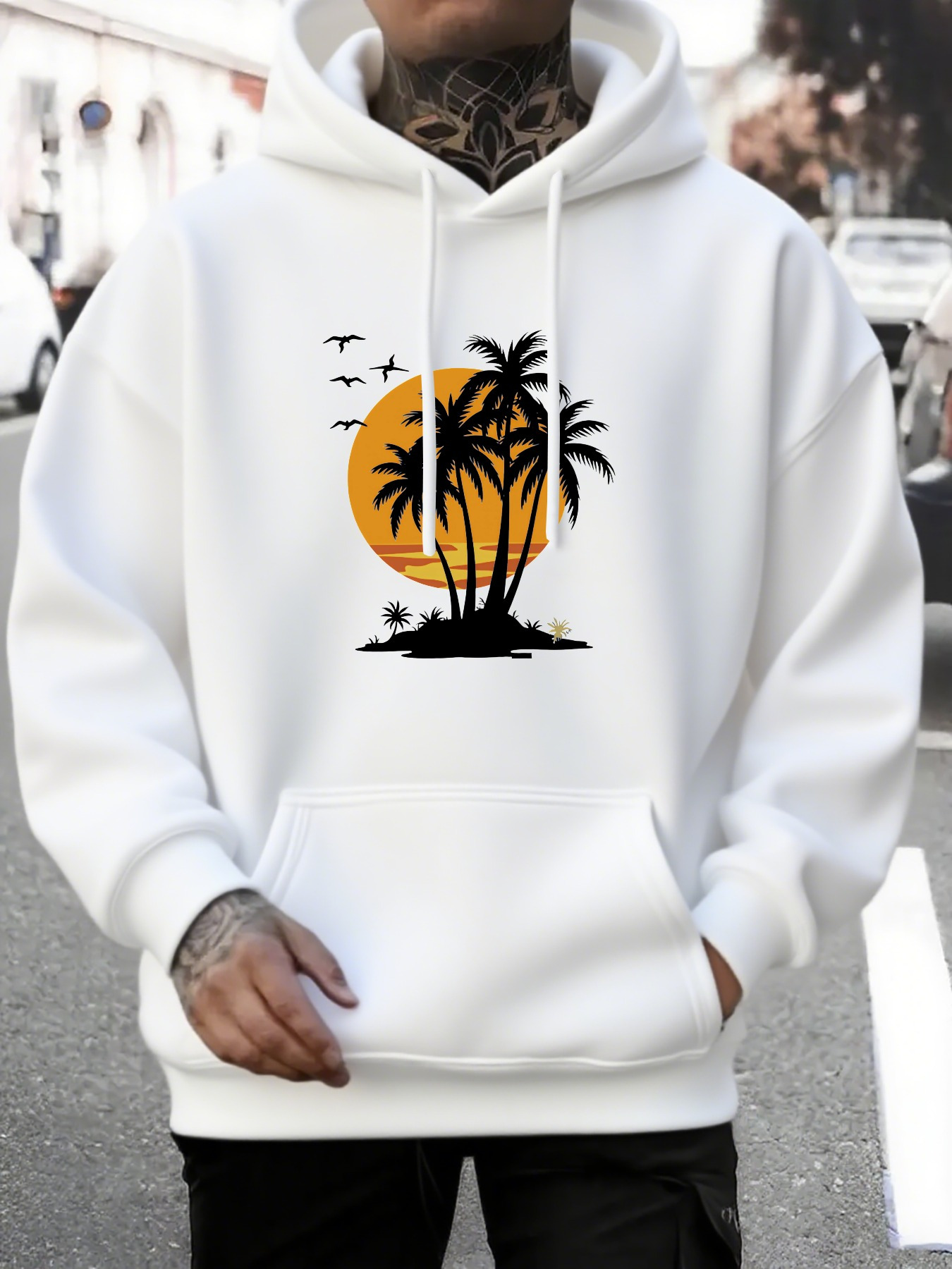 Men's Graphic Hoodie Golden Sunset With Silhouetted Palm Trees And Flying Birds Island