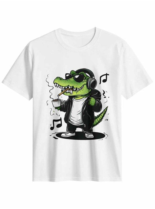 Women's Graphic T-Shirt Cool Cartoon Alligator Wearing Hoodie And Headphones Listening To Music Relaxed Crocodile
