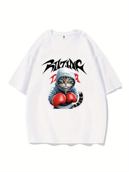 Women's Graphic T-Shirt Rising Cool Athletic Wearing Grey Hoodie And Large Red Boxing Gloves Cat