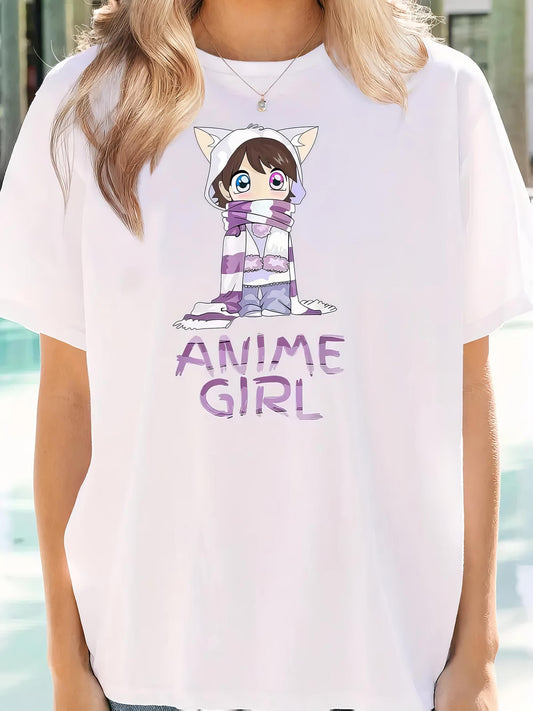 Women's Graphic T-Shirt Anime Girl Cute Chibi Character Wearing Cat Ears Hoodie And Striped Scarf Girl