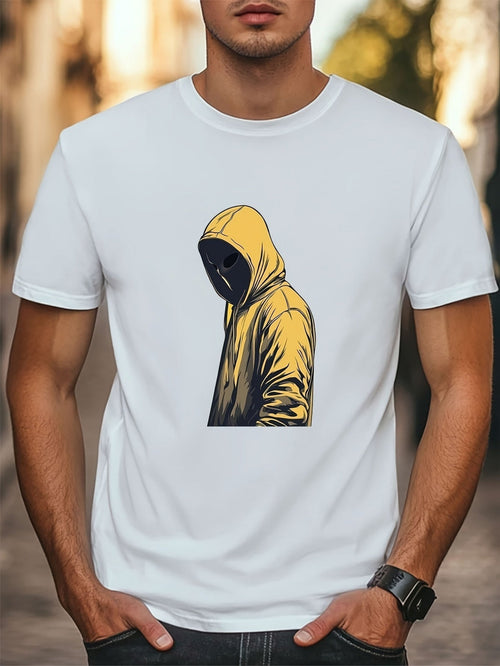 Men's Graphic T-Shirt Mysterious Urban Streetwear Graphic Featuring A Yellow Hoodie Masked Character