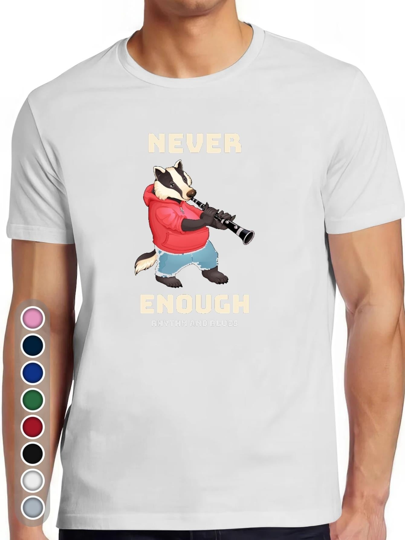 Men's Graphic T-Shirt Never Enough Musical Anthropomorphic Animal Wearing Red Hoodie Playing Clarinet Musical Instrument Badger