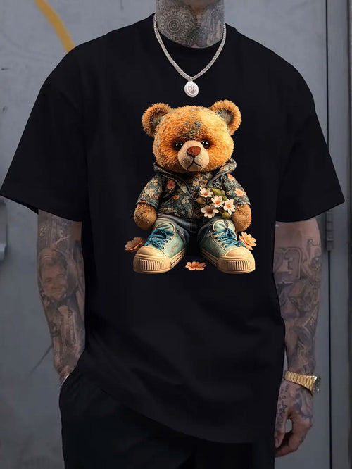 Men's Graphic T-Shirt Cute Soft Teddy Bear Wearing Stylish Floral Hoodie And Blue Sneakers Bear