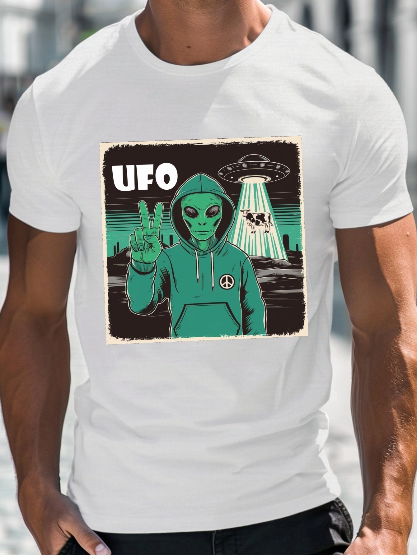Men's Graphic T-Shirt Ufo Green Hoodie Wearing Creature Making Peace Sign Near Cow Alien