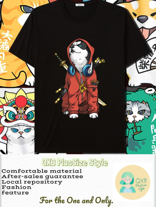 Women's Graphic T-Shirt Cool Cartoon Husky Wearing Red Hoodie Carrying Traditional Japanese Samurai Swords Husky