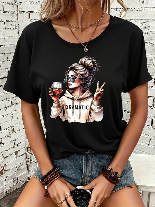 Women's Graphic T-Shirt Dramatic Chic Bun Hairstyle Lady Holding Glass And Making Peace Sign Wearing Hoodie Lady