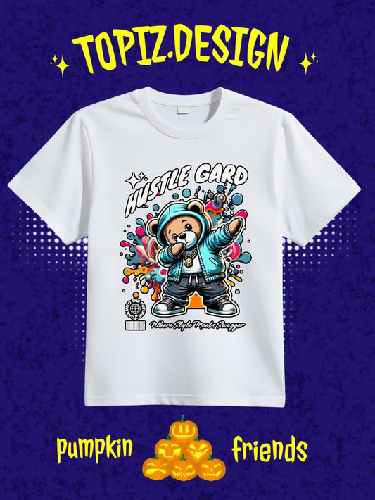 Women's Graphic T-Shirt Hustle Gard Stylized Cartoon Streetwear Bear Wearing Blue Hoodie Among Vibrant Colorful Graffiti Splashes Bear