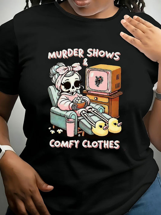 Women's Graphic T-Shirt Murder Shows Comfy Clothes Cartoon Figure Wearing Pink Hoodie Resting In Cozy Armchair Watching Retro Television Skeleton